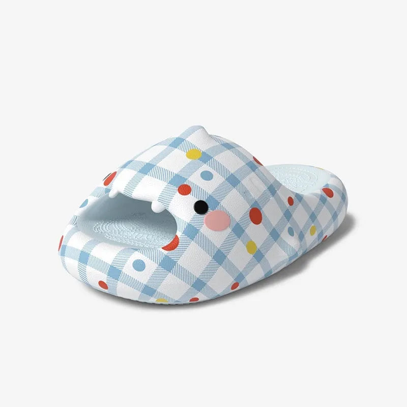 Pair of non-slip EVA five-toe flip flops with cartoon shark design in Blue Rainbow Beans colour