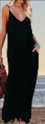 Poetsky Women's Casual Strappy V-Neck Maxi Dress with side pockets in pure black, speckled black, and purple pink