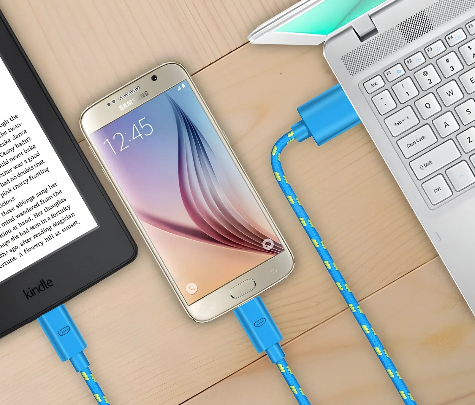 Woven nylon cloth data cable in multiple colours showing Android micro and USB-C connector options