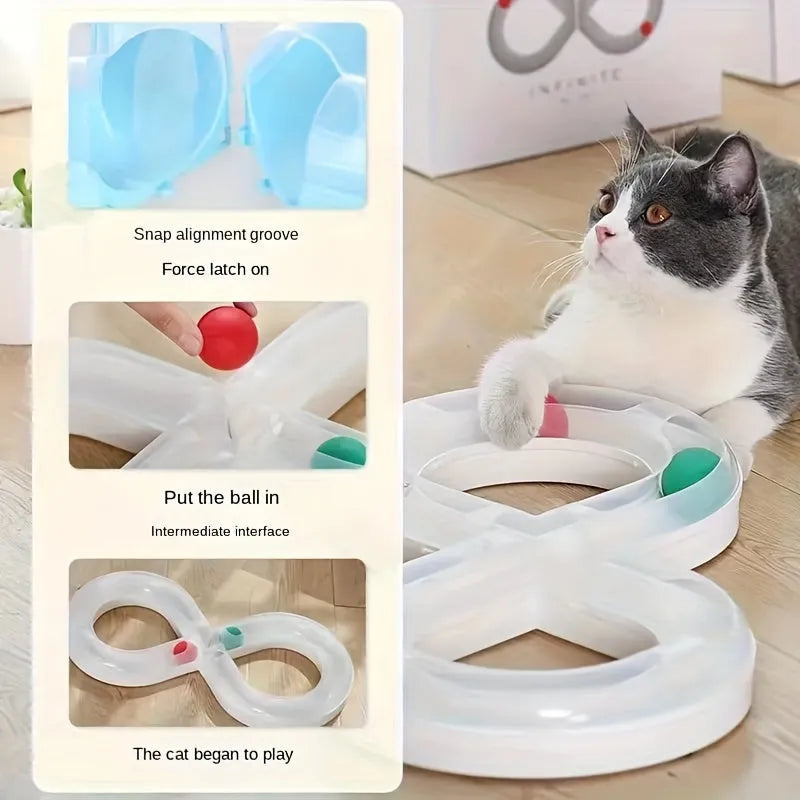 Blue interactive cat play track with turntable ball and four toy attachments on a white background.