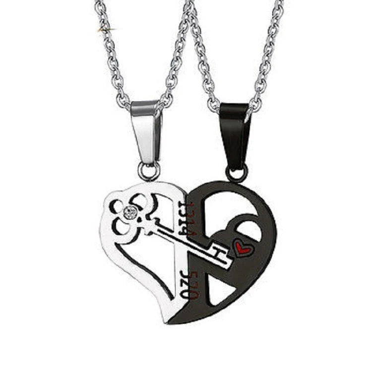 Stainless steel love necklace set for couples with adjustable chain in gold, black, and silver