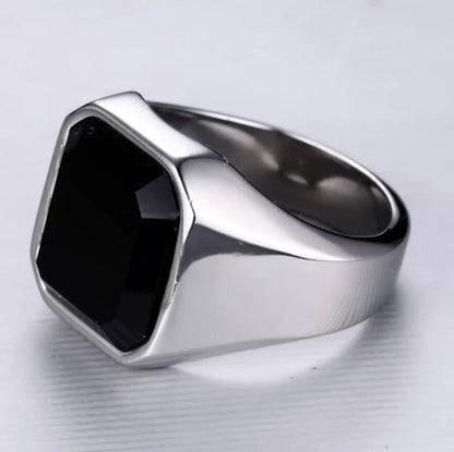 Men's geometric stainless steel black agate ring in silver, gold, red, and black