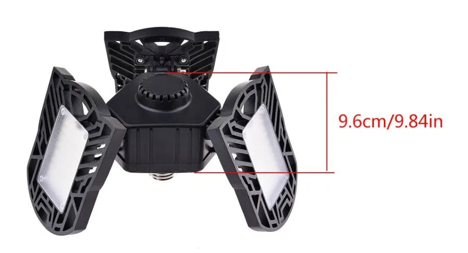 60W deformable LED garage light with three adjustable aluminium alloy heads on a white background