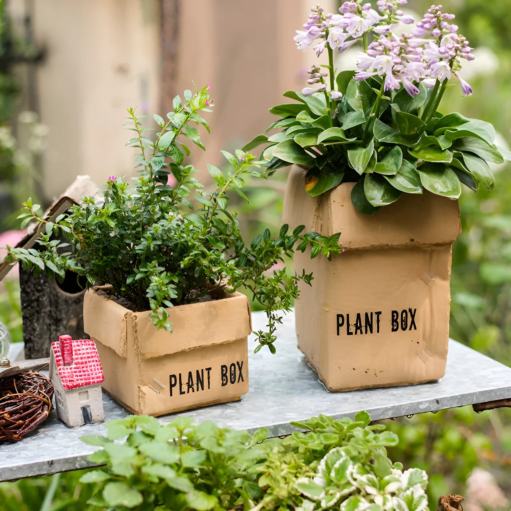 Cement brown paper box style flowerpot with drainage holes for indoor plants.