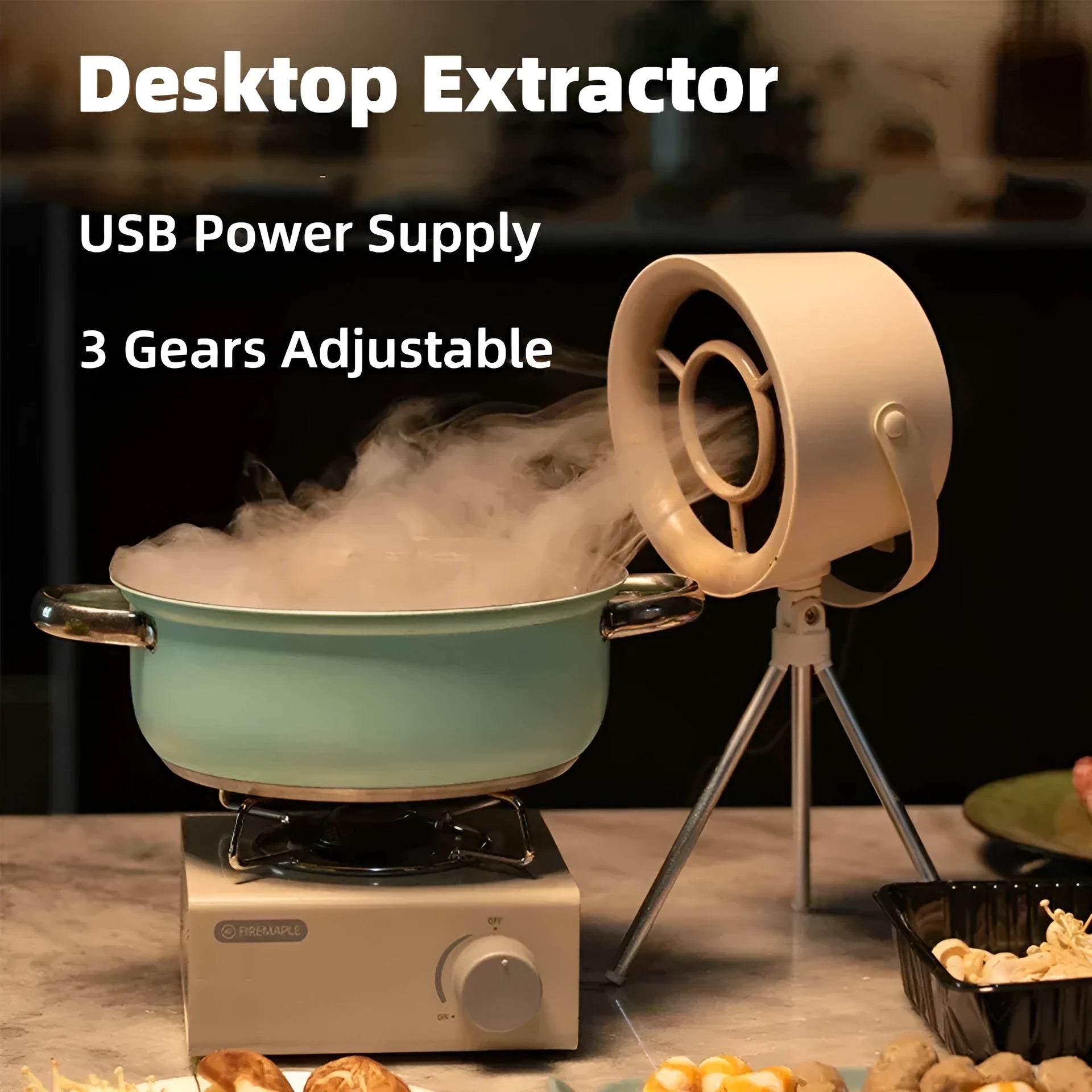 Milky white portable desktop kitchen extractor fan with tripod and USB cable