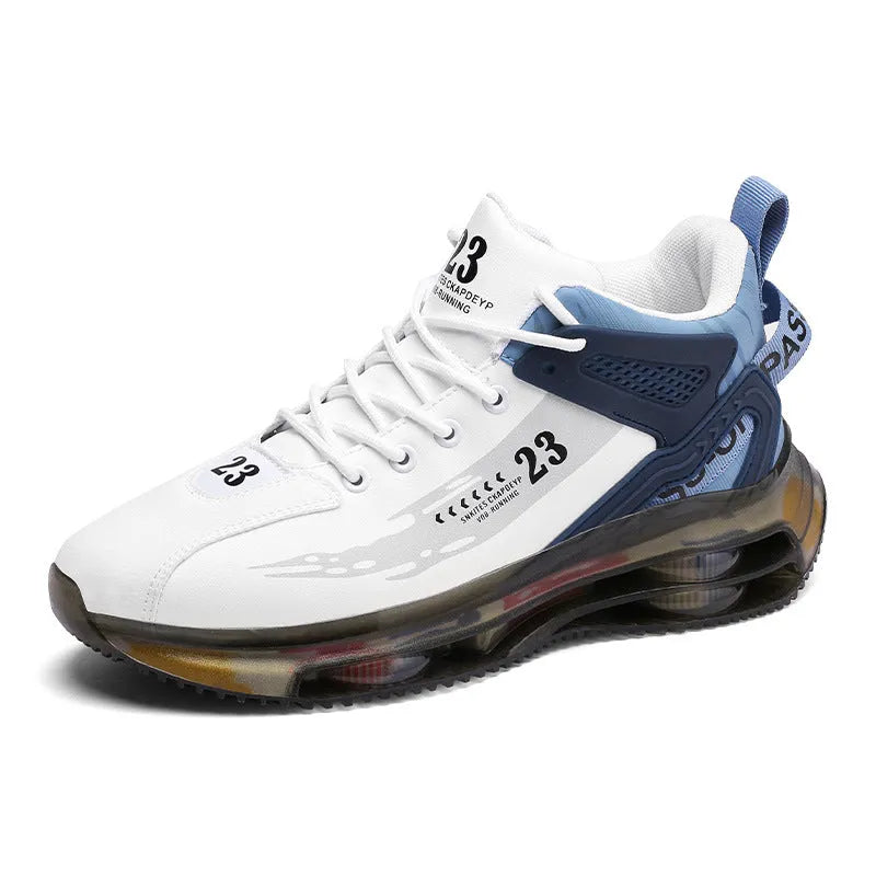 Men mesh breathable cushioning running sneakers in black gold, side view with thick sole and front tie closure