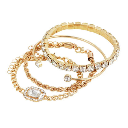 Premium 4-piece crystal bracelet set with adjustable fit and sparkling rhinestone embellishments, perfect for adding a touch of glamour to any outfit.