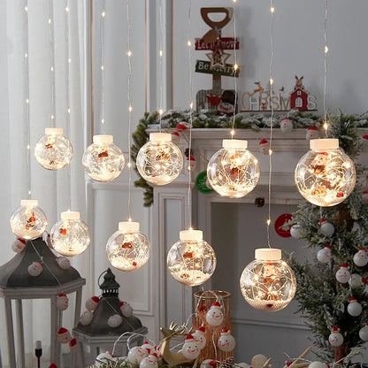 10PCS LED Christmas curtain lamp set with fairy, snowman, and Christmas tree designs