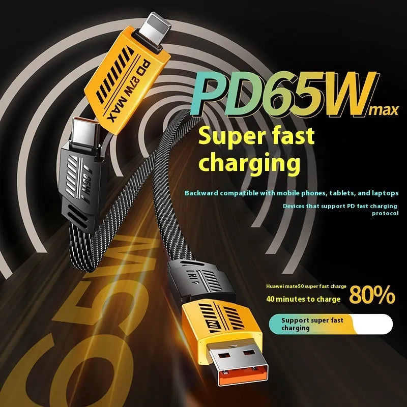 Four-in-one fast charge data cable with zinc alloy shell, braided black exterior, Lightning and Type-C connectors, 1-2m length