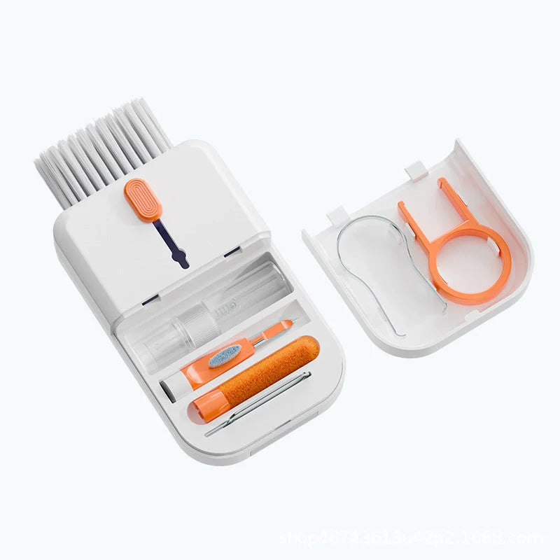 Portable 11-in-1 multifunctional cleaning kit with storage box in white, purple, orange, and blue