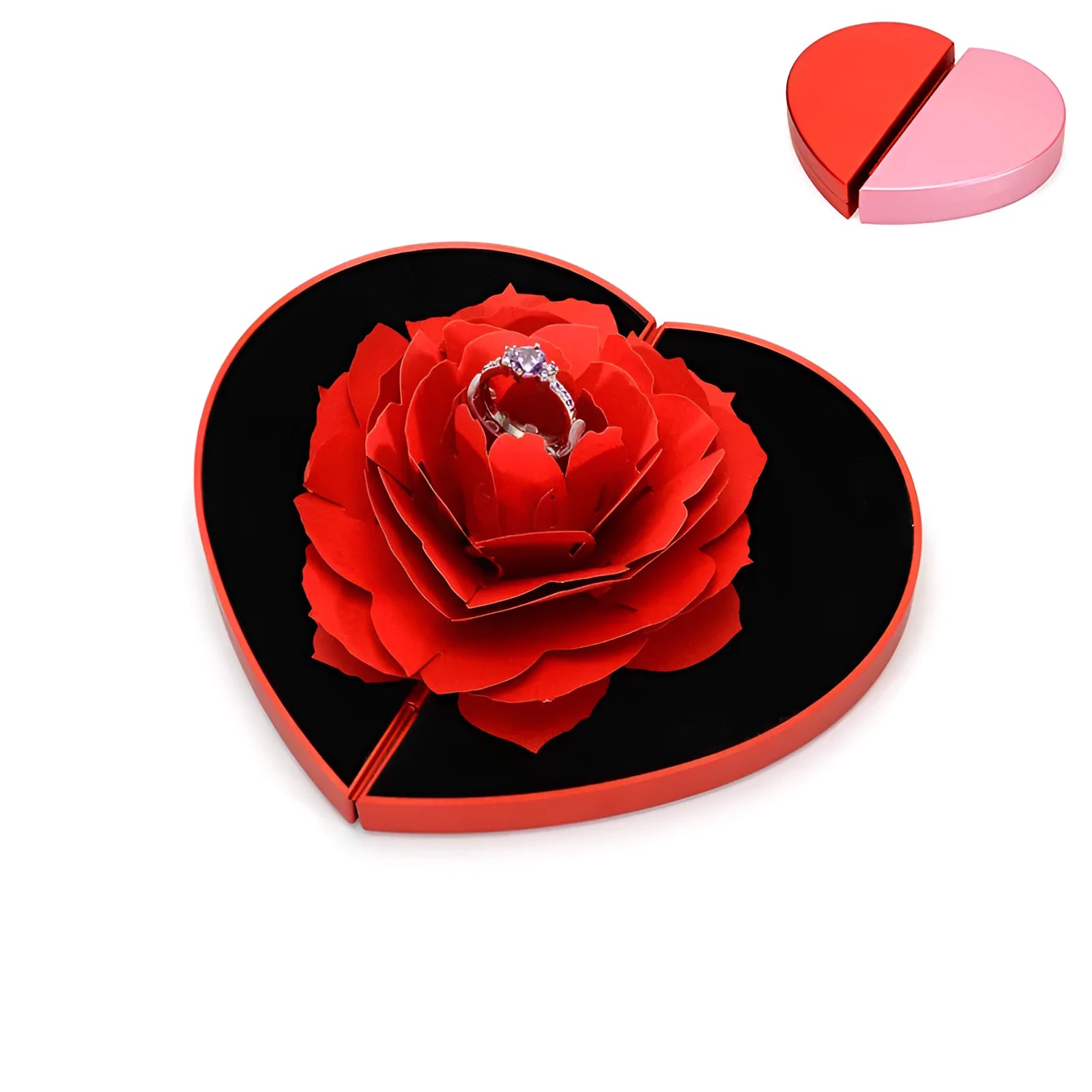 Red 3D heart-shaped rotating ring box with a rose flower decoration, open to show ring placement.