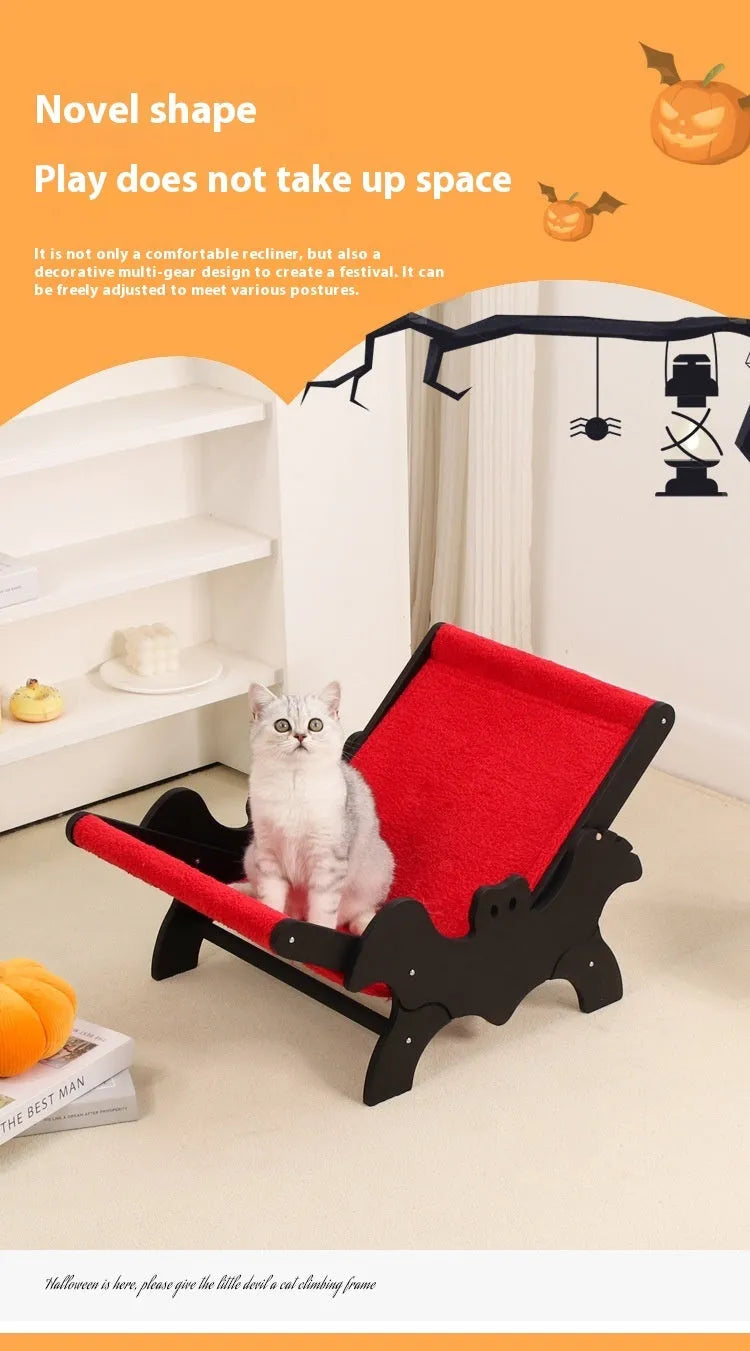 Wooden cat recliner bed with black and red Halloween colour theme