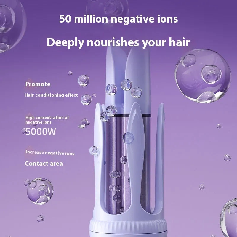 Light purple and pink 32mm automatic hair curler with anion technology and styling clips.