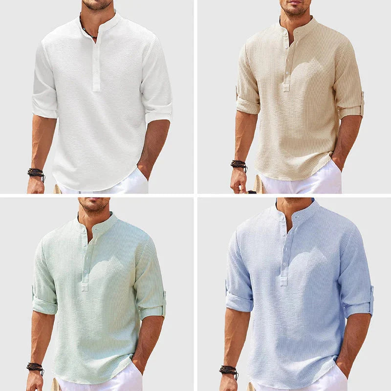 Men's stand collar cotton blend shirt in various colours and sizes for autumn wear
