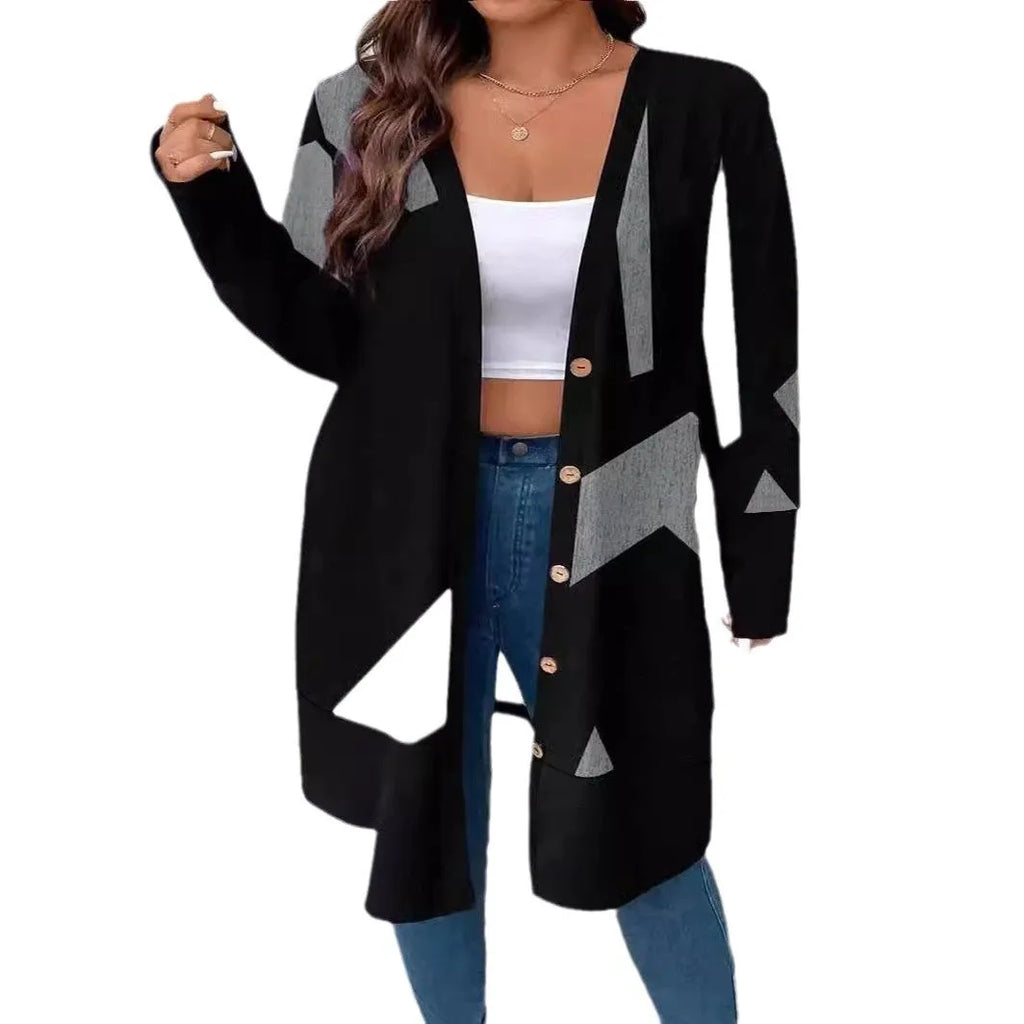 Black plus size casual cardigan coat with button stitching and printing details