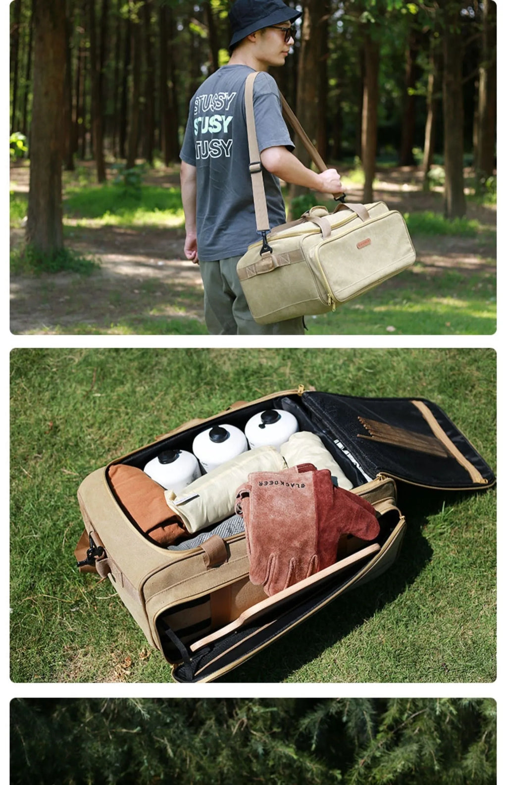 Outdoor camping cookware storage bag with split compartments for stove equipment and gas tank