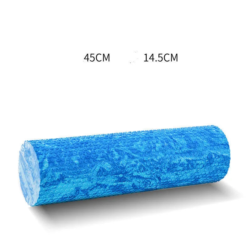 Solid EVA foam yoga roller in pink and blue, 30cm and 45cm lengths, on a yoga mat