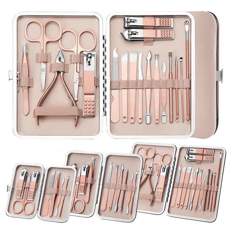 Professional Nail Care Set with stainless steel tools in a leather case