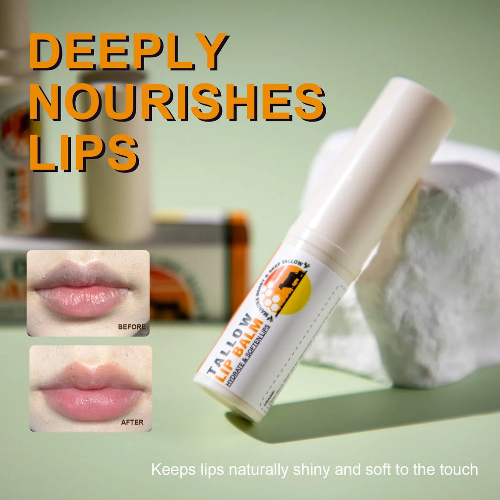 Refillable tallow lip balm stick in tin container showing 83mm length
