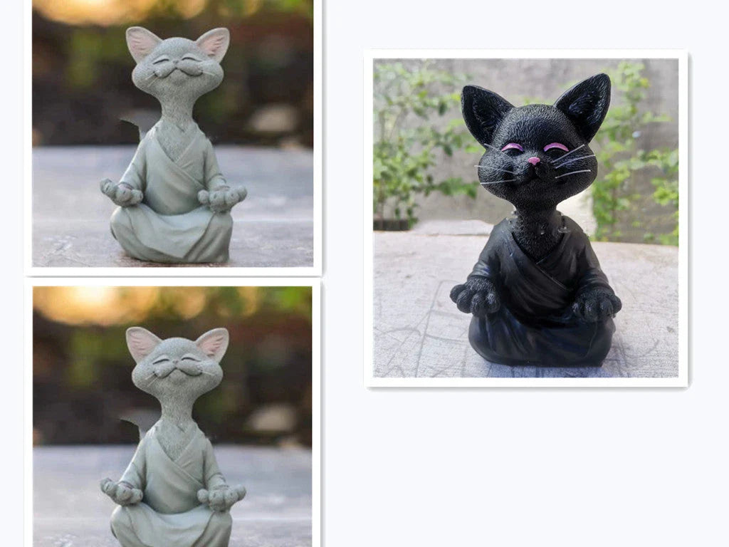 Charming ceramic Buddha cat figurine in black, grey, and orange colors for meditation, yoga, and home decor