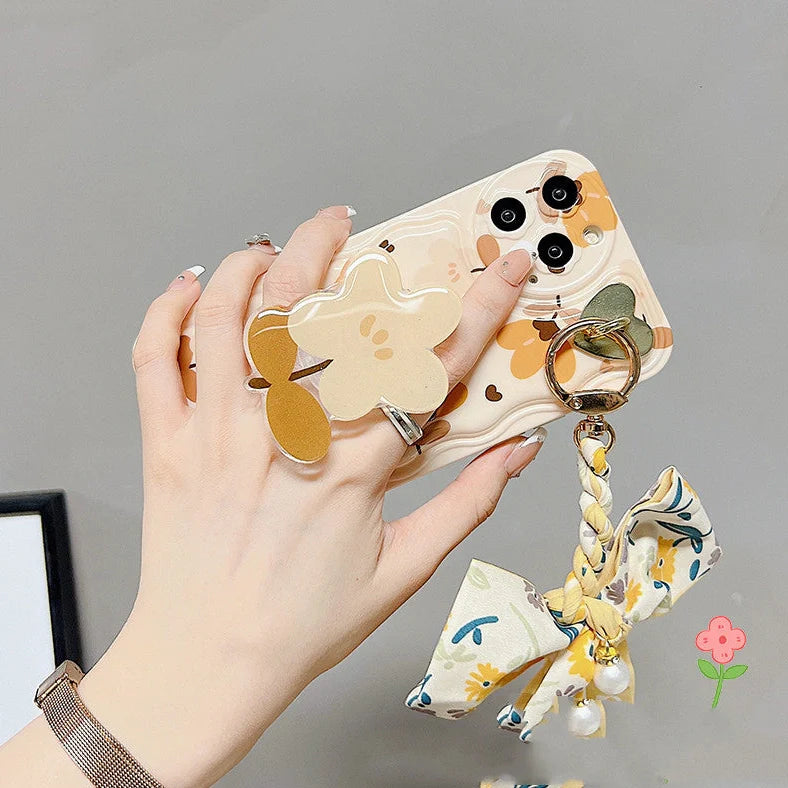 Autumn leaves floral pattern phone case with silk scarf and folding bracket for iPhone