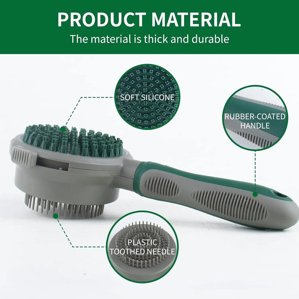 Green two-sided pet grooming brush showing slicker brush and silicone massager sides with anti-slip handle