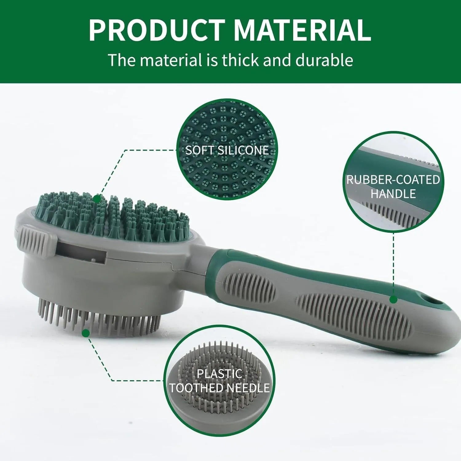 Green two-sided pet grooming brush showing slicker brush and silicone massager sides with anti-slip handle