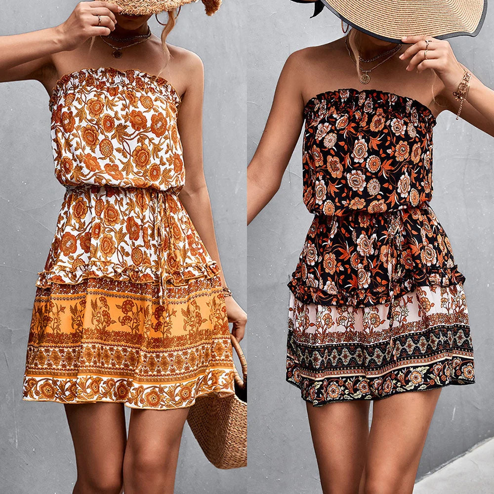 Women's bohemian floral print strapless dress for summer beach wear in black and orange