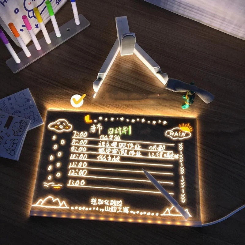 Acrylic DIY Note Board LED Night Light with USB power and colourful pens