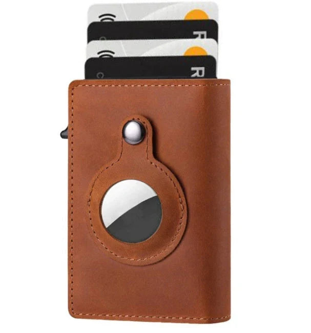 Slim leather wallet with built-in AirTag pocket for men, featuring RFID protection and a minimalist design