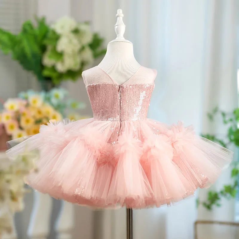 Children's sequined sleeveless girl princess dress in pink, polyester fibre, 80-160cm