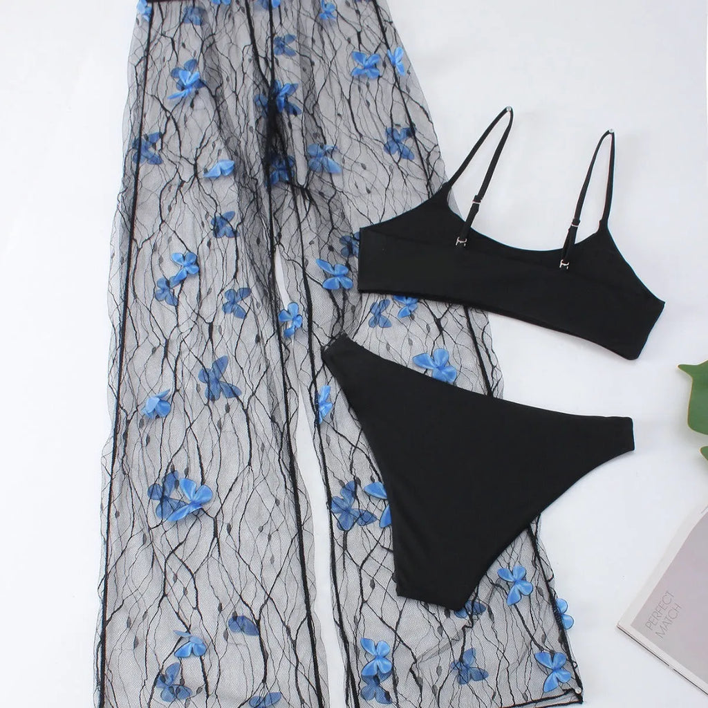 Black women's bikini three-piece set with butterfly voile fabric and optional pants