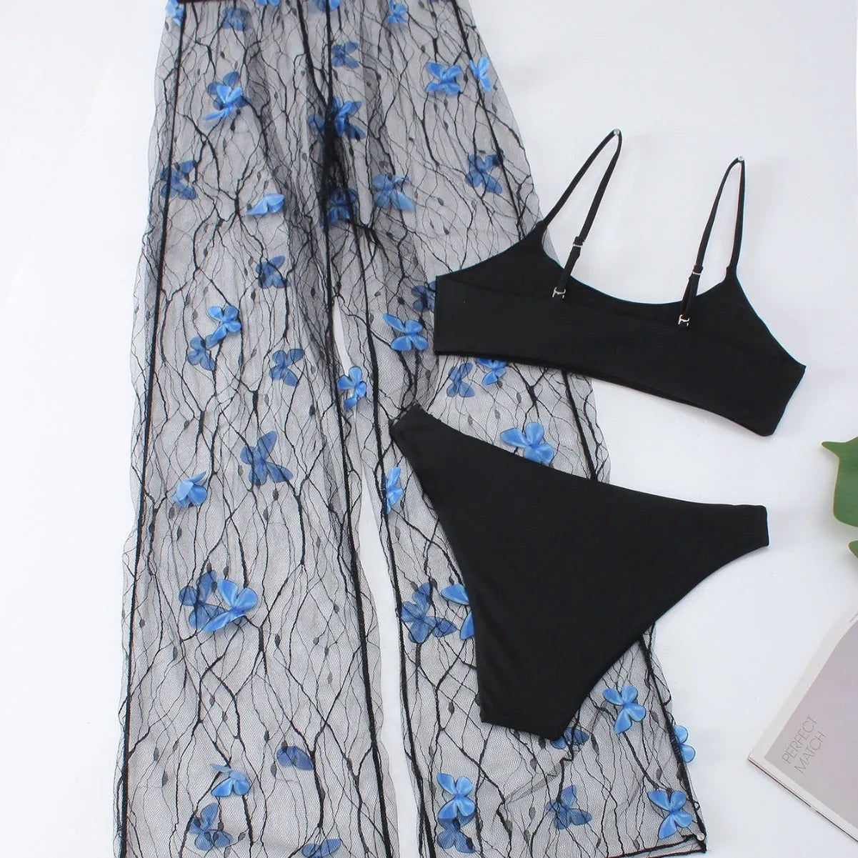 Black women's bikini three-piece set with butterfly voile fabric and optional pants