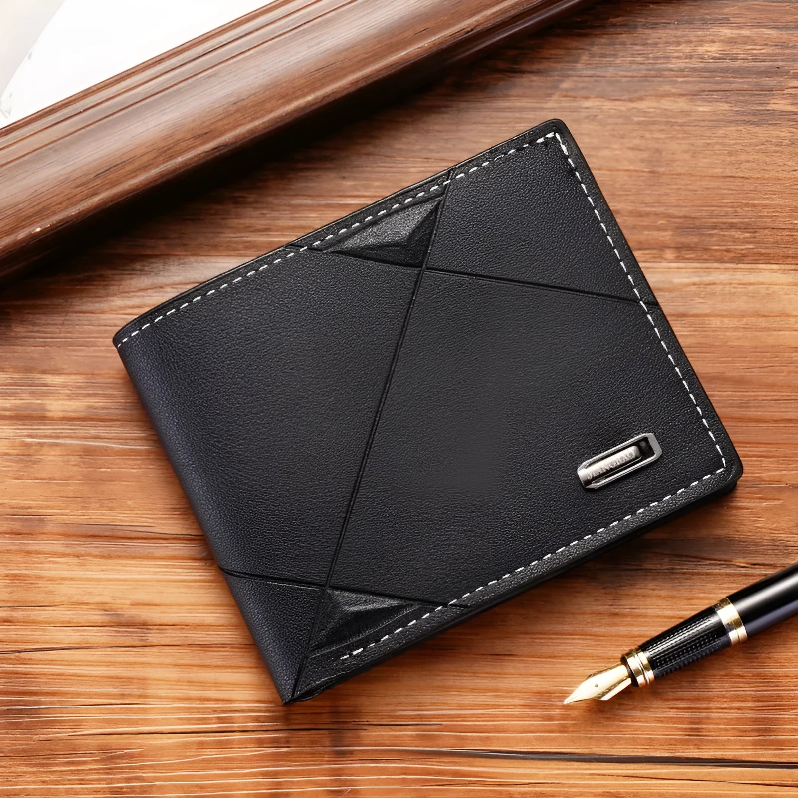 Men's horizontal three-fold PU leather wallet showing multiple card slots in black colour option