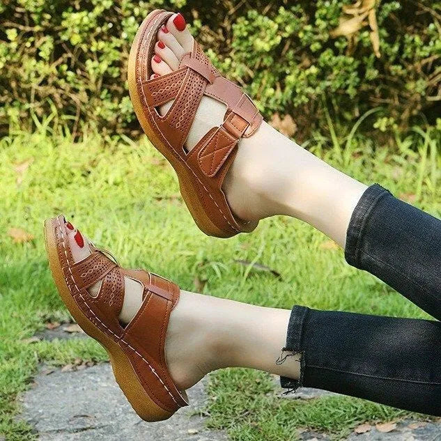 Women's hollow peep toe wedge sandals with Velcro straps in a choice of six colours.