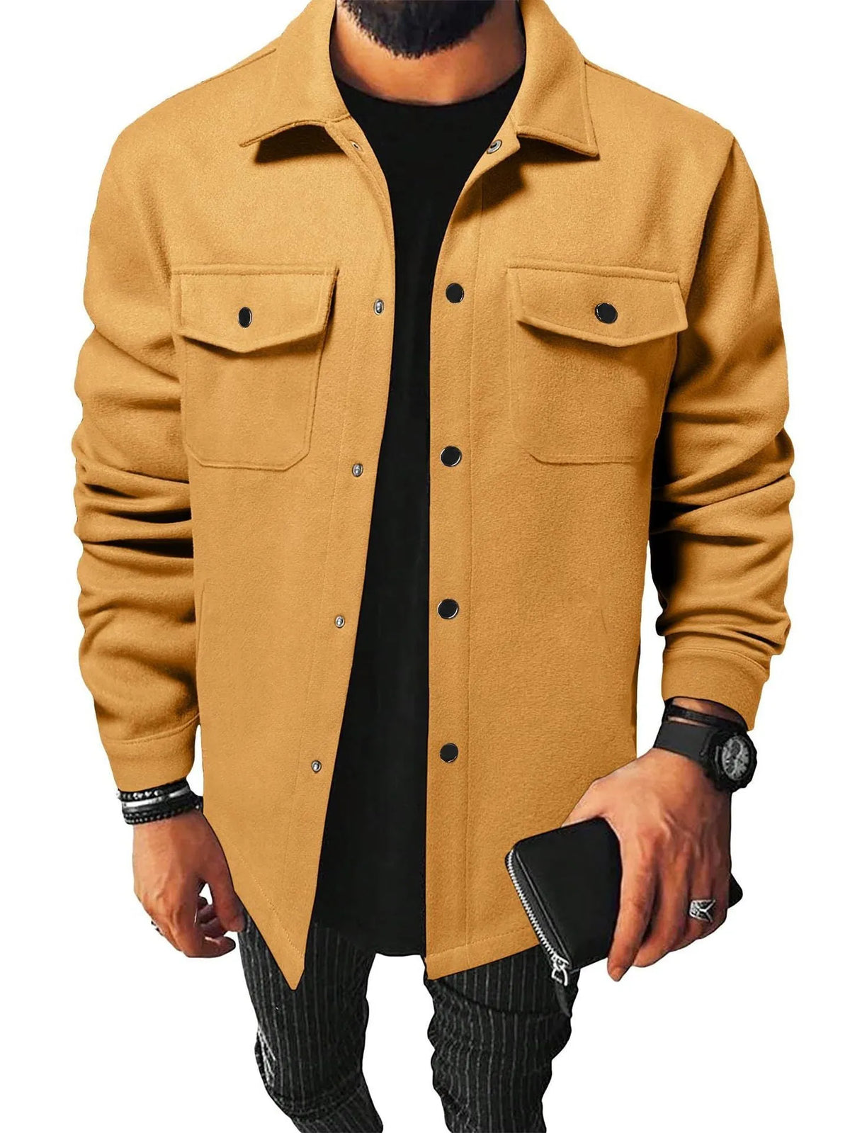 Men's cotton blend brushed shirt solid colour cardigan long sleeve regular fit khaki colour