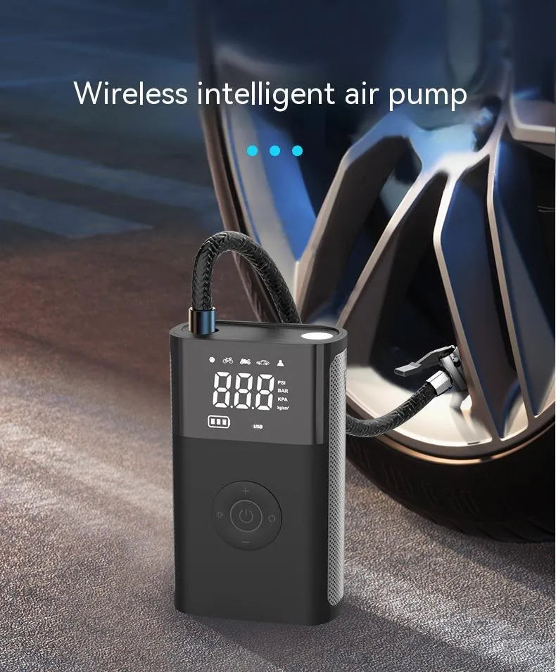 Handheld wireless digital tyre inflator with LCD screen and selection of nozzle adaptors.