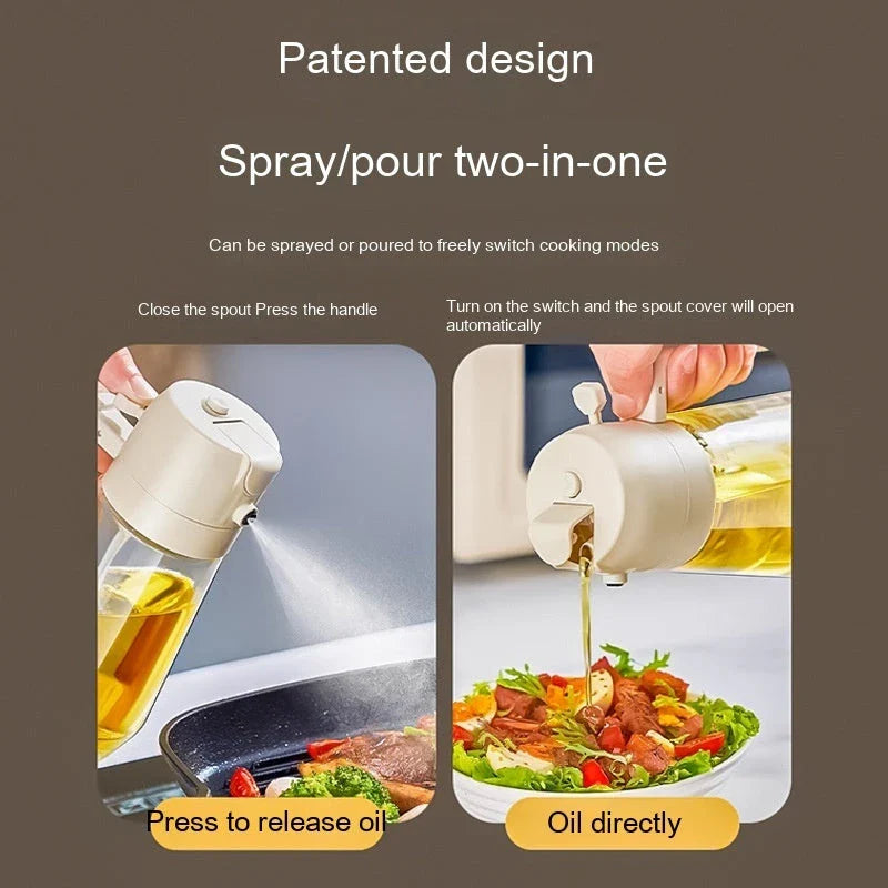 Glass oil sprayer and dispenser in various colors, featuring dual spray and pour functionality for cooking, air frying, and BBQ