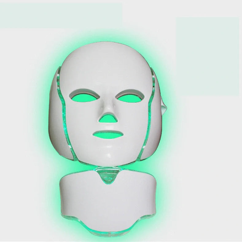 White plastic LED mask spectrometer for acne treatment with dimensions 24.5cm × 24.0cm × 17.0cm