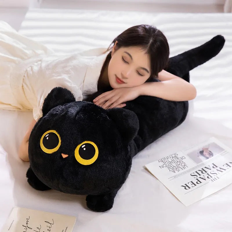 Gray cat-shaped plush pillow toy with soft fabric, 70cm height, on a sofa