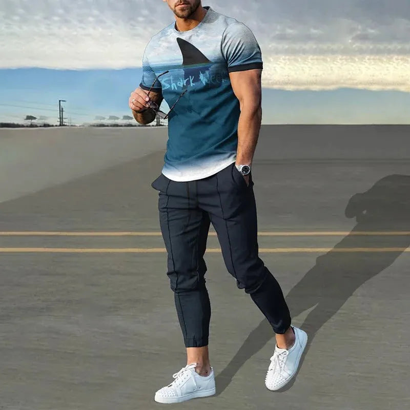Men's short-sleeved round neck pullover and matching trousers sportswear set in a thin polyester fabric