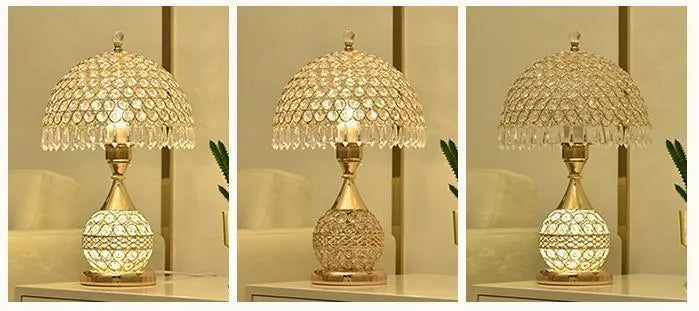 Gold crystal desk lamp with iron art base on wooden table