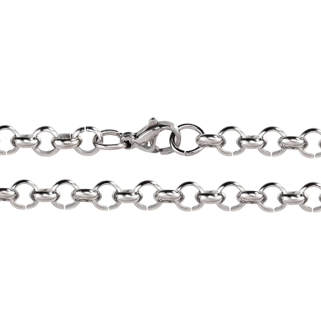 Silver stainless steel men's punk ring buckle necklace with O-ring chain on a neutral background