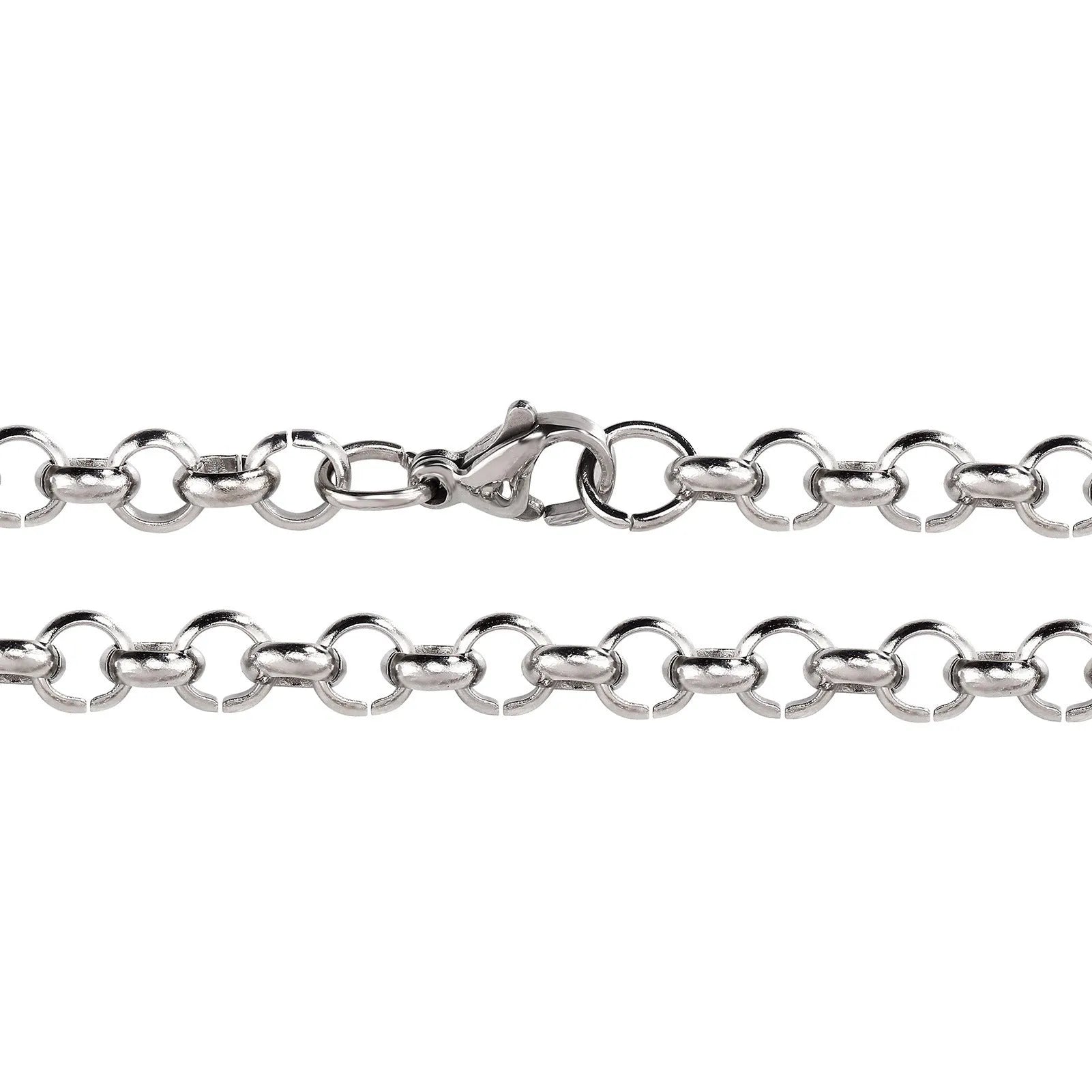 Silver stainless steel men's punk ring buckle necklace with O-ring chain on a neutral background