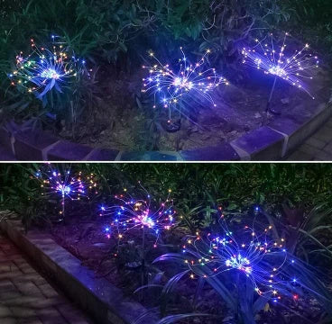 Solar-powered LED fireworks light string for outdoor decoration in various colors