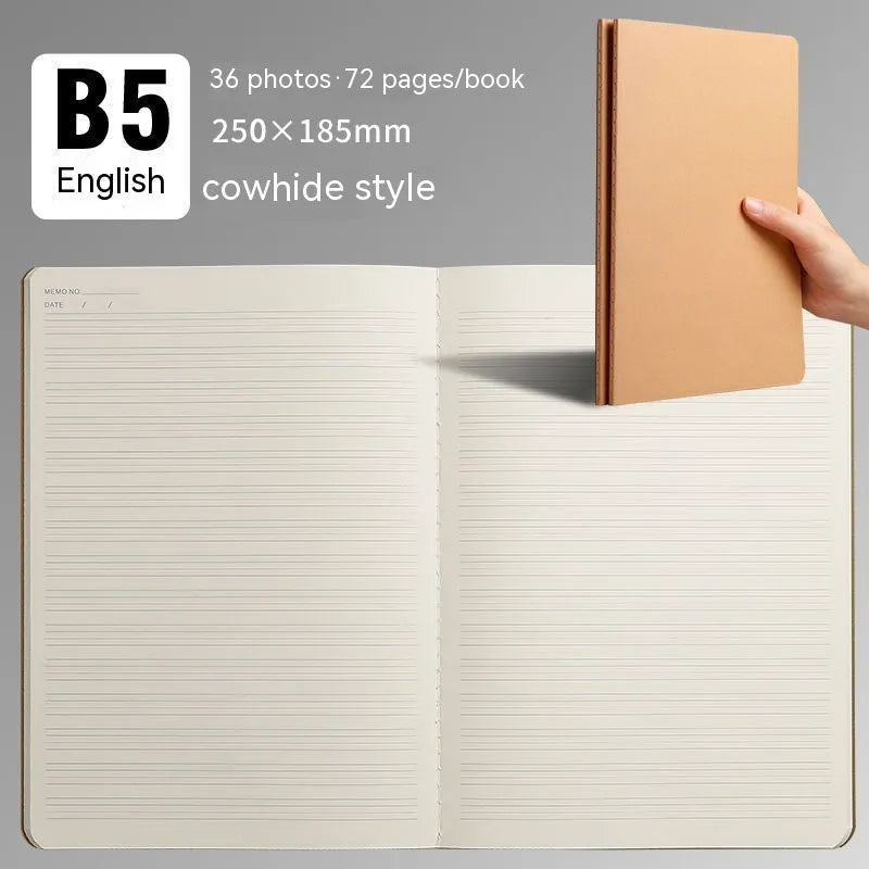 B5 notebook with stitching binding, kraft paper cover, and lined interior pages