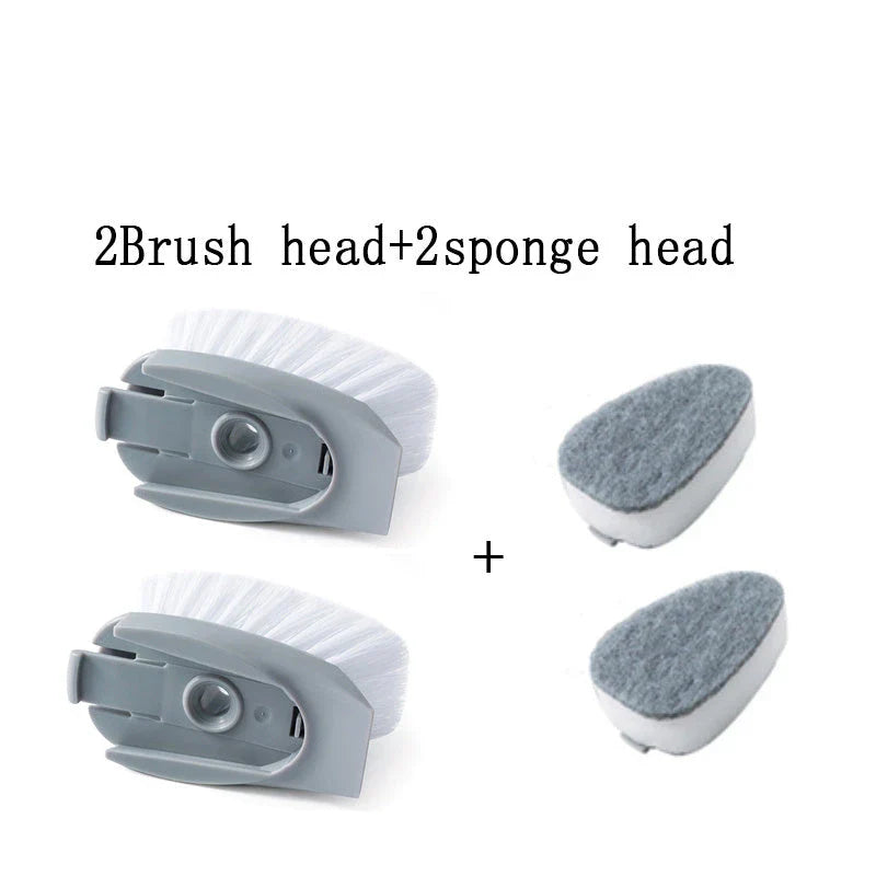 Versatile long-handled kitchen cleaning brush with removable brush and sponge heads