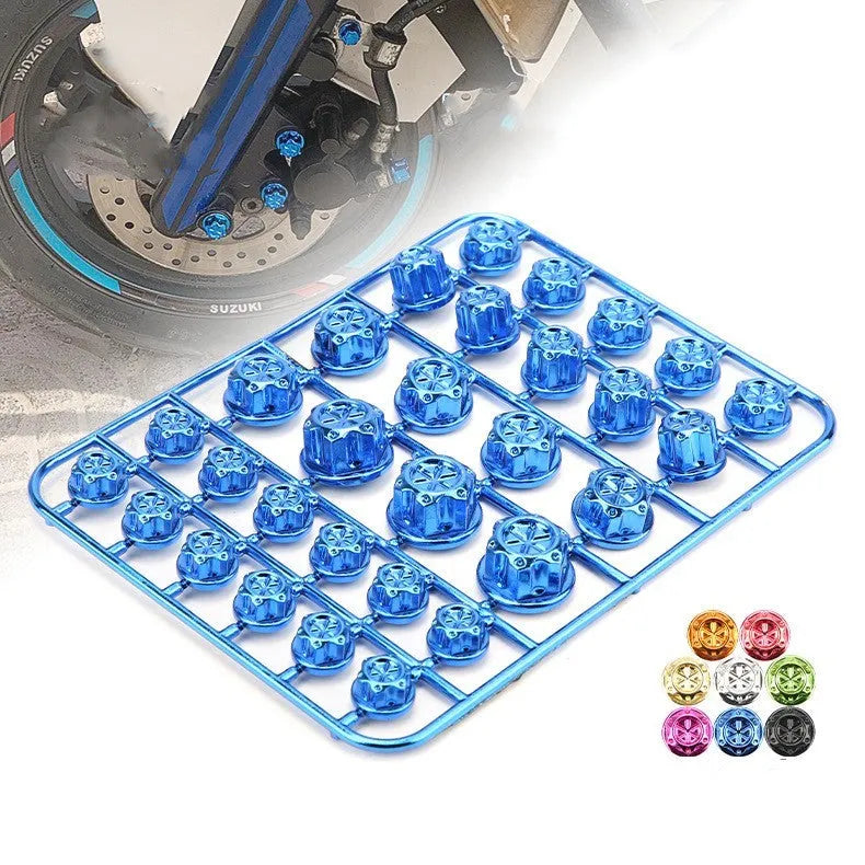 Set of 30 coloured ABS plastic screw covers for motorcycle engine modification.
