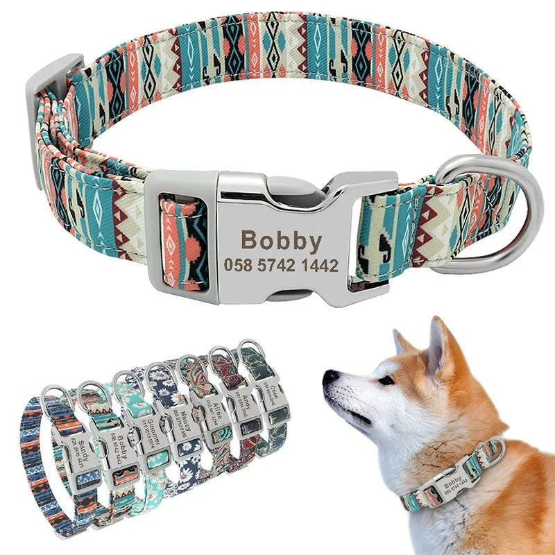Canvas dog collar with semi-metal buckle in bohemian blue pattern for medium and large dogs