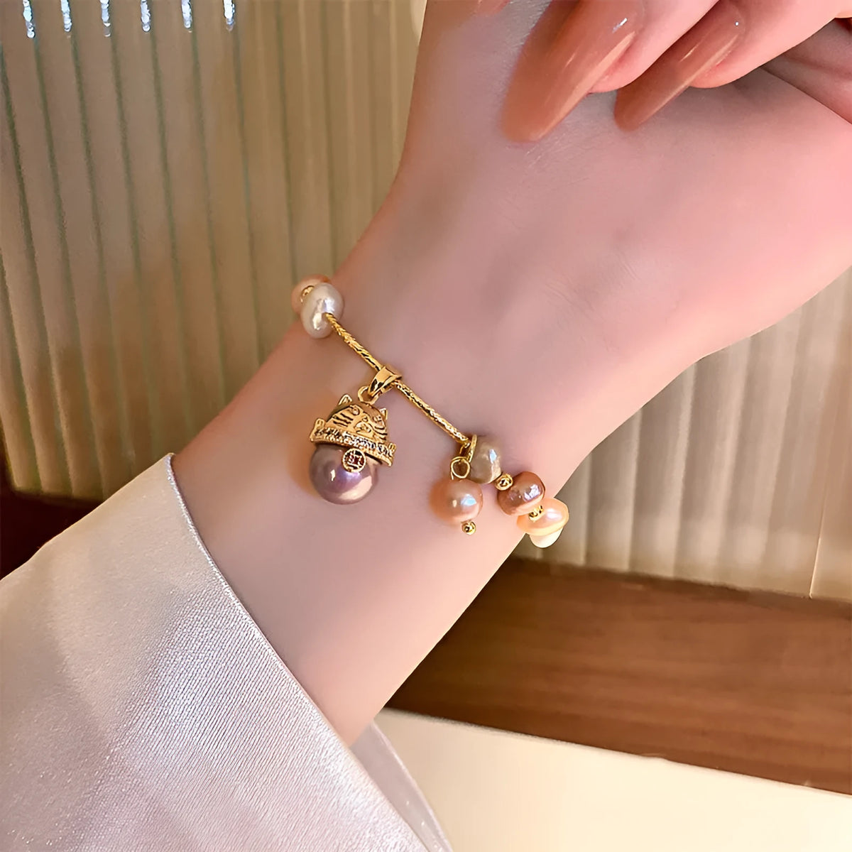 Baroque freshwater pearl zircon bracelet for women with geometric pearl inlaid design, golden colour option